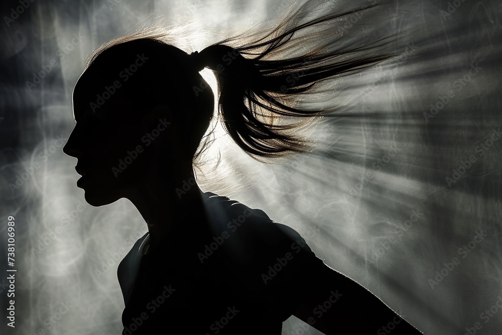 Woman's silhouette casting a strong shadow, with minimal details Woman's silhouette casting a strong shadow, with minimal details
