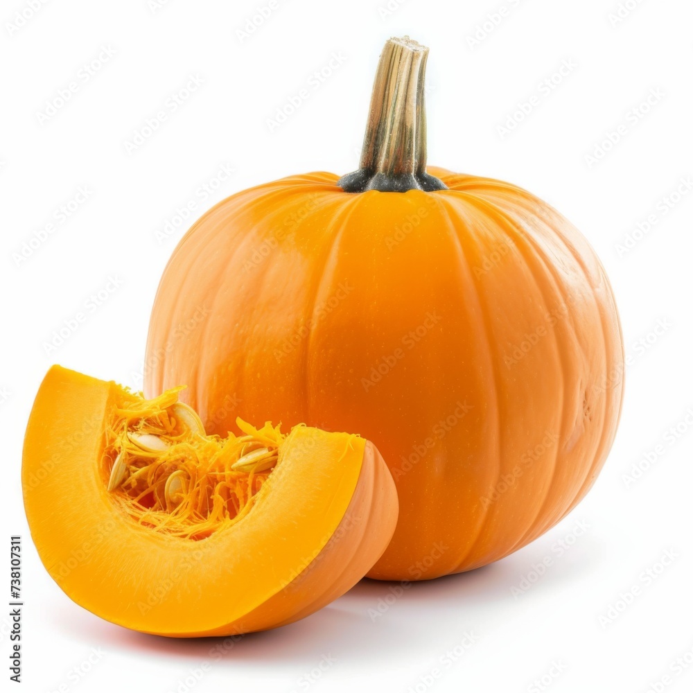 Whole orange pumpkin and slice of pumpkin isolated on white background. Clipping Path. Full Depth of field. Focus stacking Whole orange pumpkin and slice of pumpkin isolated on white background. Clipping Path. Full Depth of field. Focus stacking