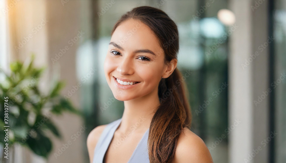 Confident Caucasian woman with radiant smile and cleavage against pristine backdrop