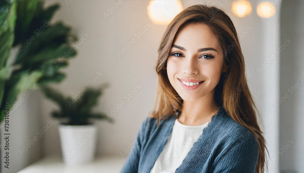 Confident Caucasian woman at home exudes allure, gazing into the camera with assurance and charm Confident Caucasian woman at home exudes allure, gazing into the camera with assurance and charm