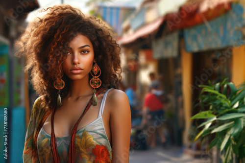 Beautiful of a curly woman on street. Copy Space. Free Space.