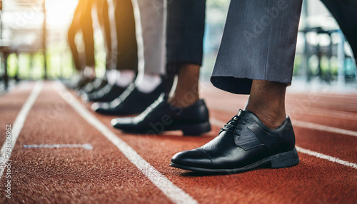 Silhouette of businessmen in black dress shoes and socks standing at the starting line, symbolizing readiness and determination