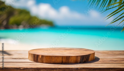 Wooden podium on beach, ideal for product showcasing, symbolizing natural elegance and outdoor lifestyle