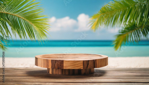 Wooden podium on beach, ideal for product showcasing, symbolizing natural elegance and outdoor lifestyle