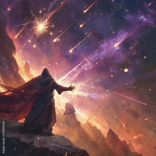Paint a mesmerizing portrait of a sorcerer summoning meteors to protect a mystical realm photo