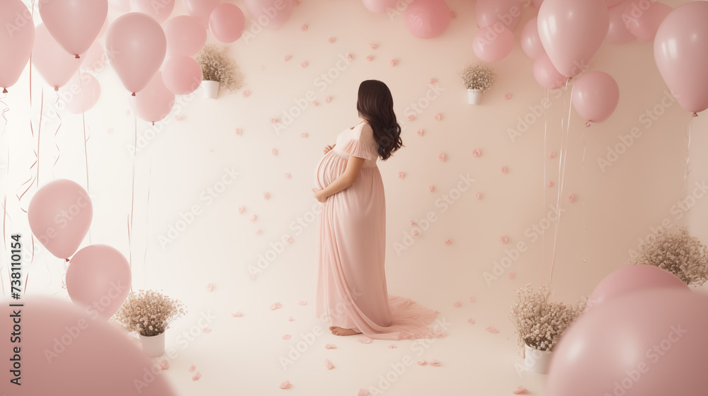 Baby shower - urodzinowa minimalistyczna jasna tapeta na życzenia lub metryczkę z balonami i dekoracjami - narodziny dziecka - dziewczynki lub chłopca. Kobieta w ciąży na jasnym tle - obrazy, fototapety, plakaty 