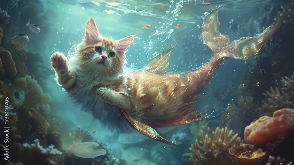A whimsical cat with a mermaid fin gracefully swimming among coral reefs underwater - obrazy, fototapety, plakaty 