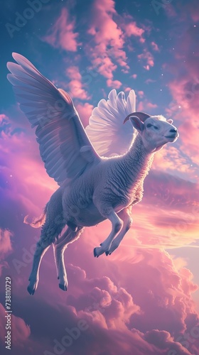 A surreal image of sheep with wings gracefully soaring across a sky painted with the colors of the dawn