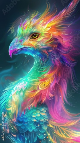 A mythical being resembling a neon infused gryphon