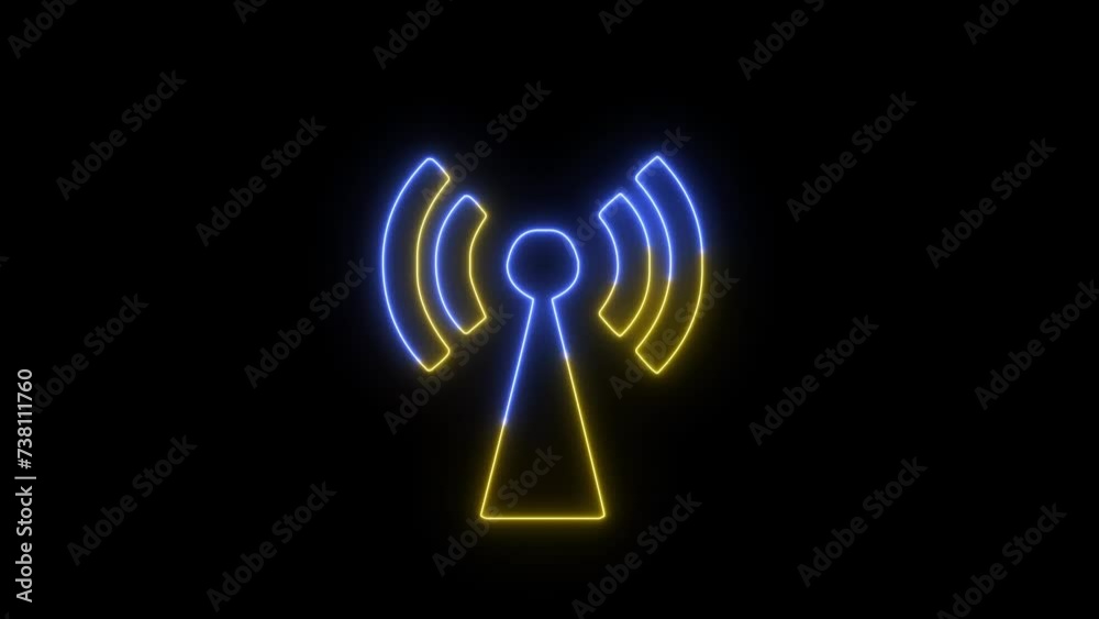 Neon Wi-Fi signal icon animated. Glowing network sign and black background. Neon Wi-Fi signal icon animated. Glowing network sign and black background.