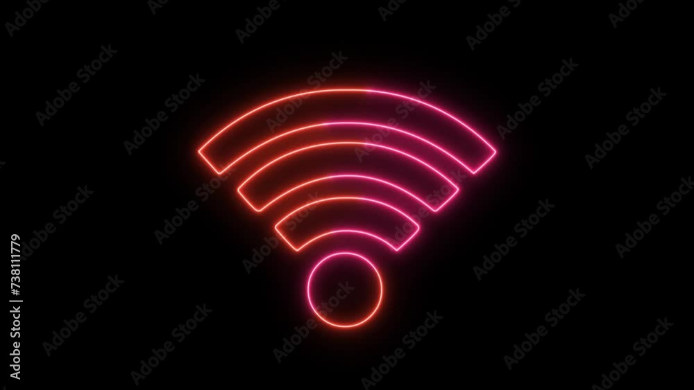 Neon Wi-Fi signal icon animated. Glowing network sign and black background. Neon Wi-Fi signal icon animated. Glowing network sign and black background.