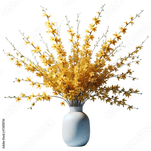 Forsythia branches in a vase,flower,spring season,3D rendering illustration,isolated on a transparent background.