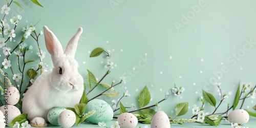 easter bunny and easter eggs on a meadow on blue background  photo