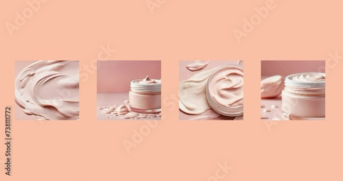 Collage of cosmetic product with textures on a peach fuzz background. Cosmetic jar for face or body cream. Natural cosmetics for branding layout concept. Cosmetics and beauty concept.Generative AI photo