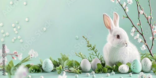 easter bunny and easter eggs on a meadow on blue background  photo