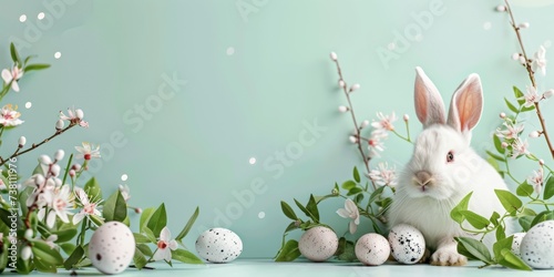 easter bunny and easter eggs on a meadow on blue background  photo