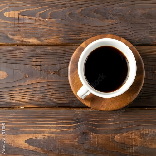 Top view of morning coffee on wooden table with