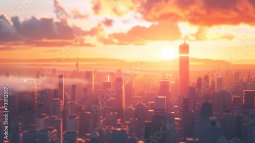 A futuristic cityscape set against a sunset with soaring skyscrapers