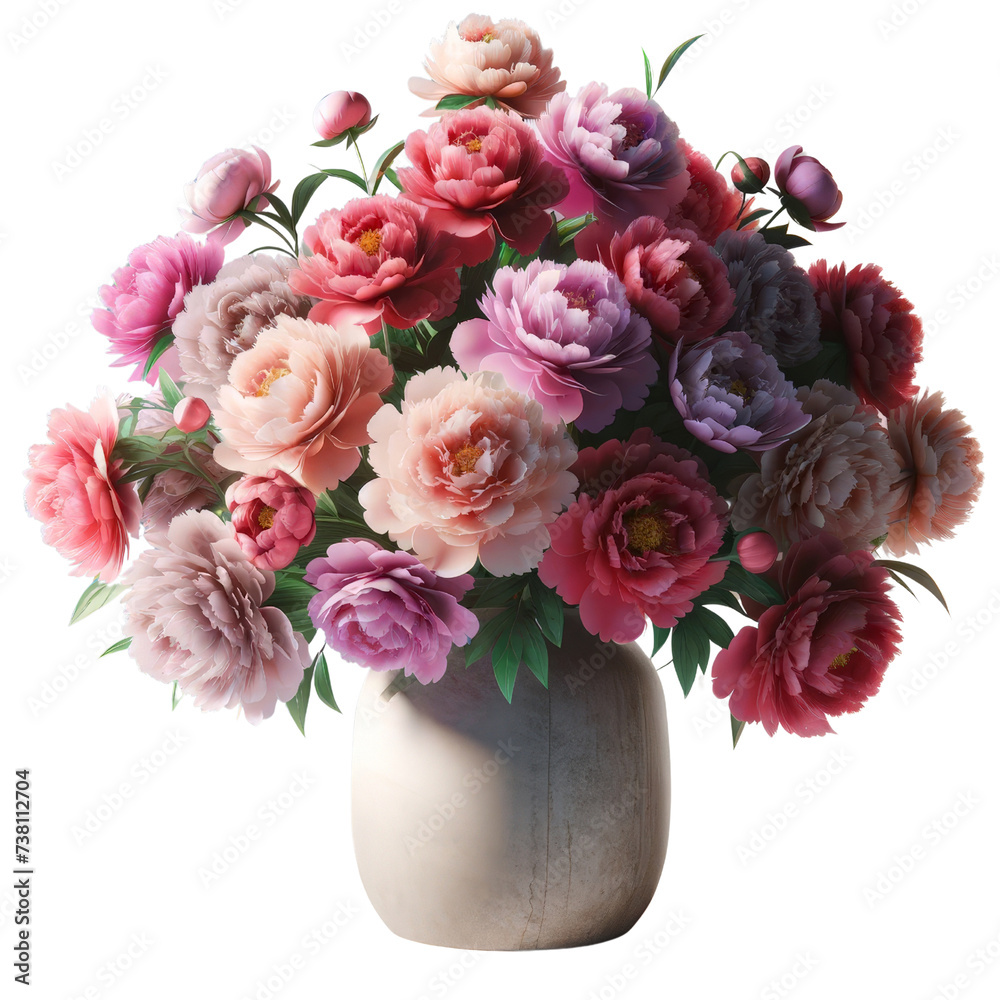 Peonies in a vase,flower,spring season,3D rendering illustration,isolated on a transparent background.