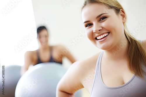 smiling fat woman plus size, in fitness room, with friends,