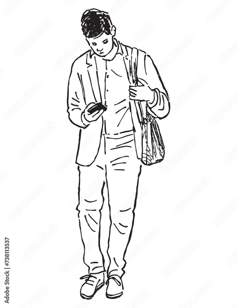 Outline drawing of one casual modern young city man walking along street and looking at smartphone, vector illustration isolated on white