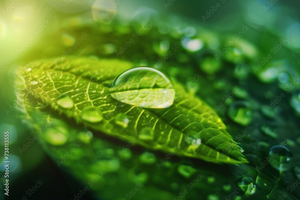 Beauty transparent drop of water on a green leaf macro with sun glare. Beautiful artistic image of environment nature in spring or summer. generative ai. Beauty transparent drop of water on a green leaf macro with sun glare. Beautiful artistic image of environment nature in spring or summer. generative ai.