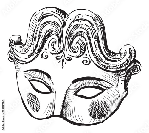 Sketch of single decorative carnival mask for masquerade, party, vector hand drawing isolated on white