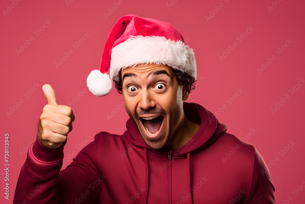 Man in Christmas Hat with Surprised Expression, Pointing to the Side. Man in Christmas Hat with Surprised Expression, Pointing to the Side.