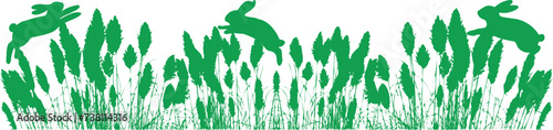 Green pampas grass, silhouetted rabbits jumping, nature-inspired design, ideal for eco-friendly, natural aesthetics in web/print media