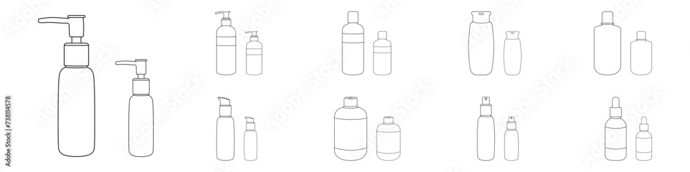 Set of liquid bottles with a dispenser vector. bottles for body care vector. Cosmetic containers for personal hygiene in linear style vector. Self care vector. Set of liquid bottles with a dispenser vector. bottles for body care vector. Cosmetic containers for personal hygiene in linear style vector. Self care vector.