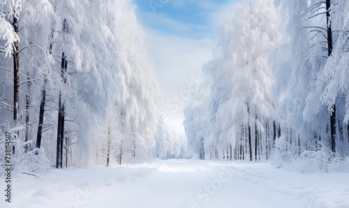Snow Covered Road Surrounded by Tall Trees © uhdenis