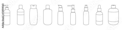 Set of liquid bottles with a dispenser vector. bottles for body care vector. Cosmetic containers for personal hygiene in linear style vector. Self care vector.