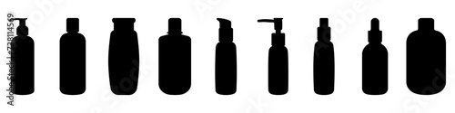 Set of liquid bottles with a dispenser vector. bottles for body care vector. Cosmetic containers for personal hygiene in linear style vector. Self care vector.