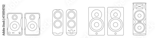 Electric speakers for home cinema. Speakers vector set of linear icons. Linear sound set of speakers for home or concert. Stereo systems and audio systems vector.