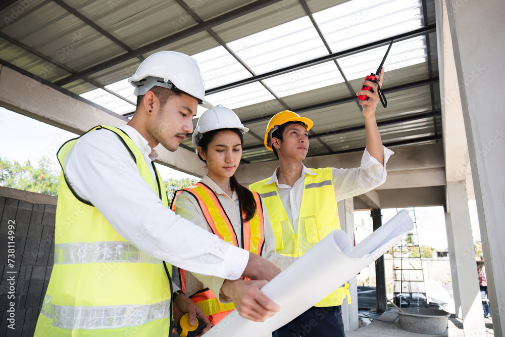 Team of professional civil engineers and architects holding project plan paper, supervising and controlling construction project work at construction site. Team of professional civil engineers and architects holding project plan paper, supervising and controlling construction project work at construction site.