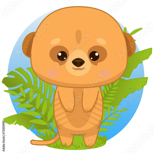 Cute cartoon suritat standing in the leaves. Suritate in kawaii style. Kawaii meerkat. Vector illustration for stickers  cards  posters  banners. Children s illustration