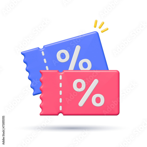3D discount coupon voucher with percent sign. Special offer, seasonal sale, deal sticker, gift card, lucky ticket. Promotion design elements illustration set isolated on white background.