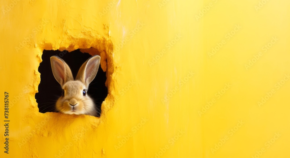 Cute fluffy bunny looking through a torn hole in yellow paper. Holiday Easter banner card with copy space