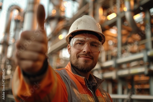An industrial factory supervisor smiles at the camera with a happy expression in the refinery and petrochemical industries