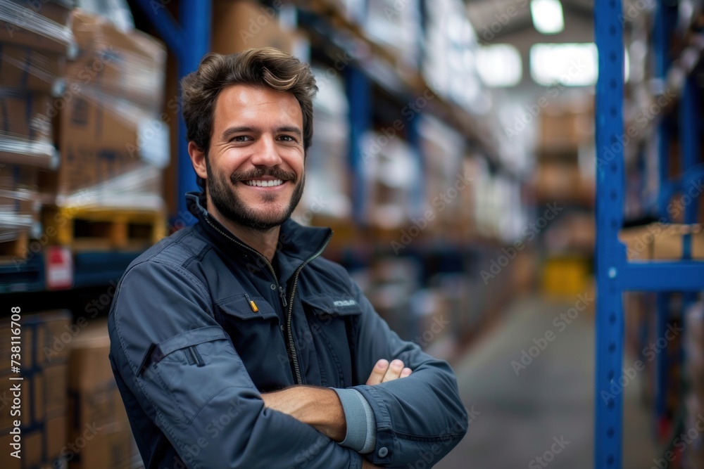 A male supervisor stands in shipping warehouse with smiles looking at the camera with a happy with satisfied with the sales A male supervisor stands in shipping warehouse with smiles looking at the camera with a happy with satisfied with the sales