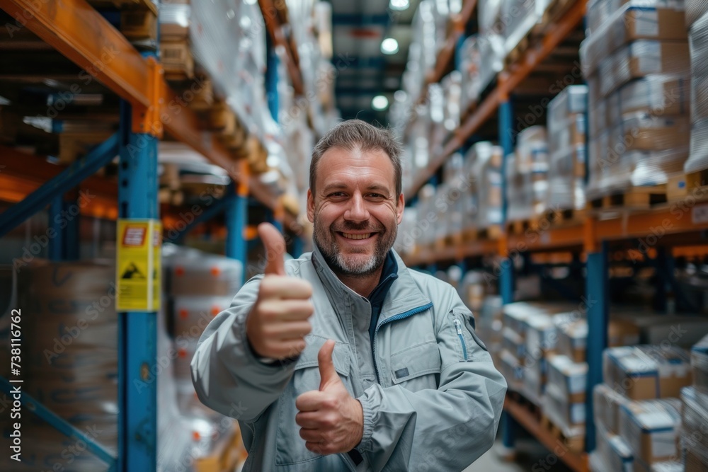 Portrait of a male supervisor stands in warehouse with thumbs up satisfied with the sales putting his thumb on