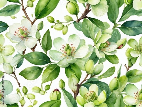 Pistachio green floral motif. Watercolor delicate blossoms. 