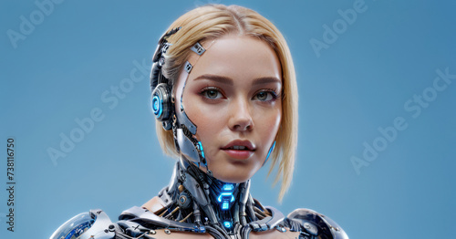 Abstract Cyborg girl on the blue background. Girl robot Android, Chat Bot, Modern Technology, Deep fake background concept image. Artificial intelligence (AI) concept.
