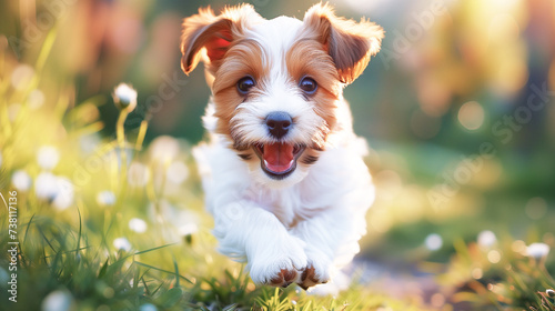 A cute shaggy puppy with white and brown spots runs happily through the grass in the rays of the sun. Joyful puppy frolicking happily in nature, in the park. Puppy Day