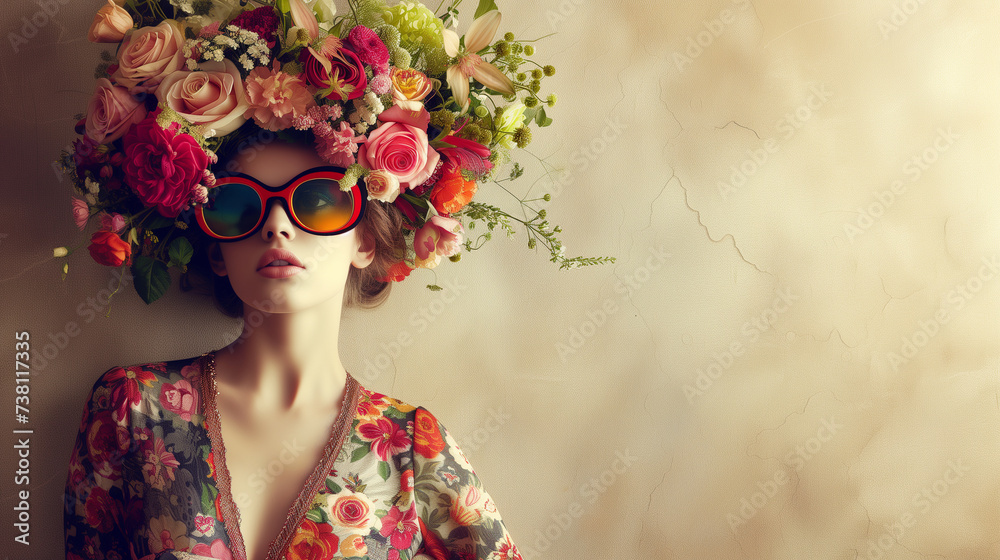 Fashion Portrait of a Woman with a Floral Headdress and Vintage Sunglasses
