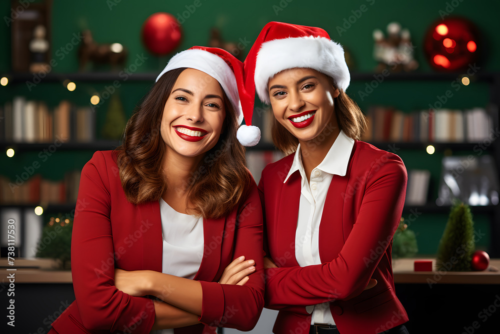 Surprised Office Employees in Christmas Hats Enjoying Holiday Spirit.