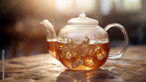 A crystal-clear teapot basks in the warm glow of sunset, filled with refreshing iced tea and a promise of relaxation