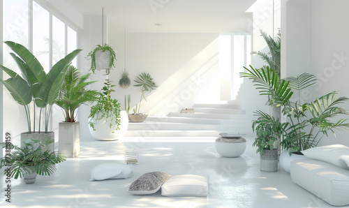 Fototapeta Naklejka Na Ścianę i Meble -  modern contemporary white living room 3d rendered, many plants