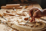 Carpenter working on wooden furniture with hand carving. Wood carving art with hand tools Close-up photo