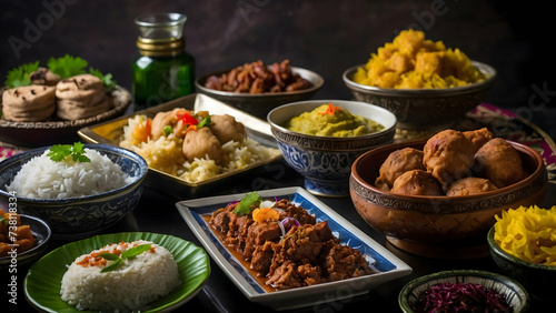 a menu for Indonesian Ramadan specialties  featuring traditional iftar dishes  main courses  and customary desserts typically enjoyed during this holy month. Happy ramadan day.
